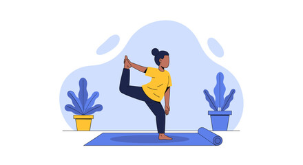 Illustration of a person gracefully performing a yoga balancing pose on a mat indoors. Represents wellness, flexibility, and a healthy, mindful lifestyle.