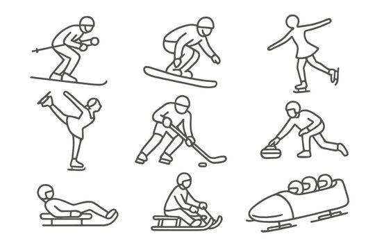 Various winter sports activities showcased in simple line art, highlighting skiing, snowboarding, ice skating, and more for winter enthusiasts