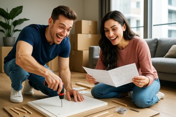Happy young couple assembling furniture together in new apartment, smiling while reading manual and using drill, surrounded by boxes and tools. Ai generative