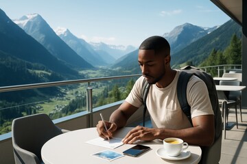 Man writing a postcard at a table with coffee on a balcony overlooking scenic sunlit mountain valley in daytime, peaceful travel moment outdoors. Ai generative