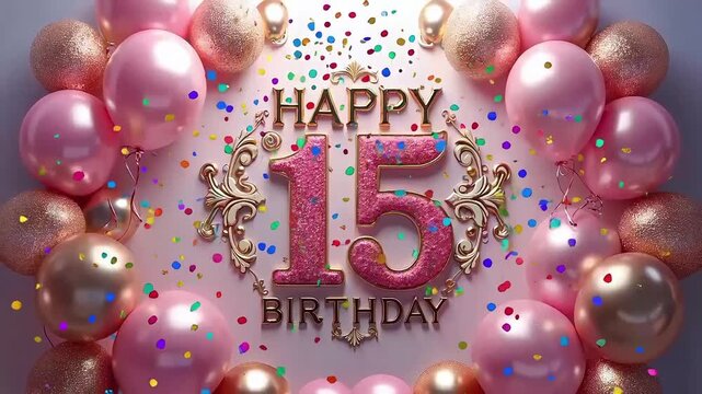 Ornate HAPPY 15 BIRTHDAY text with golden flourishes, pink and gold balloons, and confetti on festive backdrop  

