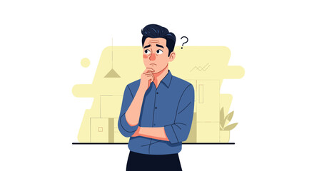 A thoughtful man in a professional setting, looking uncertain with a question mark, representing confusion, problem-solving, or making a business decision.