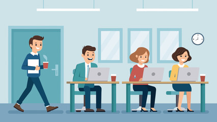 Diverse business professionals happily collaborate in a modern office, working on laptops. Ideal for themes of productivity, teamwork, and a positive corporate environment.
