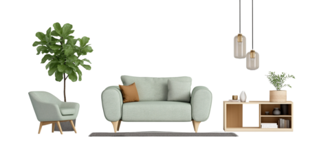 You said:
a top view of an elegant gray sofa with white pillows and a throw, accompanied by two round coffee tables and green plants on the side. the scene is set against a pure white background, prov