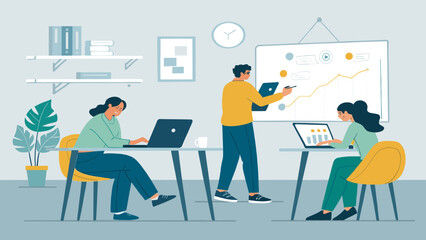 Team members collaborate and analyze data in a modern office, focusing on business growth and strategy. Ideal for corporate, finance, and professional concepts.