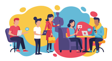 Diverse team collaborating digitally in a vibrant co-working space. Highlighting online communication, data analysis, and modern business productivity. Ideal for tech and corporate themes.