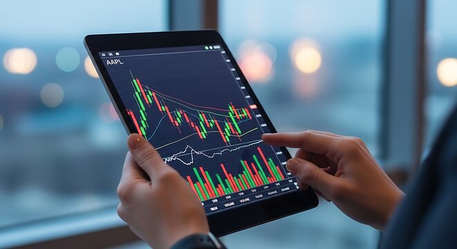 Analyzing Apple Stock Chart on Tablet with Finger Touching the Screen