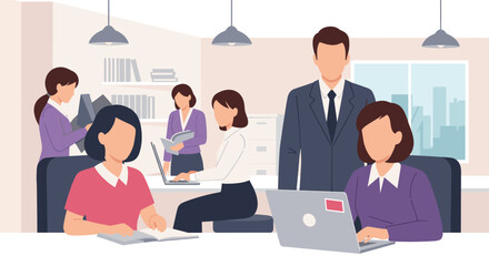 Diverse team of professionals collaborating and working diligently in a modern office, representing business operations, teamwork, and productivity.