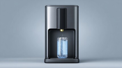 Sleek, metallic countertop appliance dispensing carbonated water into a clear glass bottle; minimalist design, modern aesthetic, clean lines