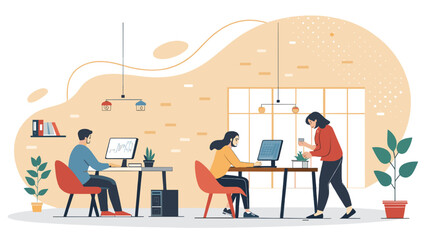 Productive office environment with team members working at computers and tending to plants, symbolizing growth, collaboration, and a healthy workspace.