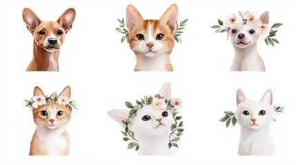 Obraz premium Watercolor pet collection with various cute dogs and cats adorned with floral wreaths