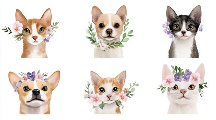 Watercolor pet collection with various cute dogs and cats adorned with floral wreaths