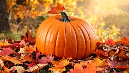 Naklejka premium Autumn pumpkin amidst colorful leaves