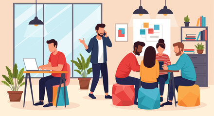 Modern professionals collaborating and working individually in a dynamic office or coworking space, representing teamwork, communication, and business productivity.