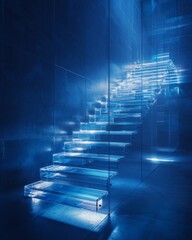 Fototapeta premium Futuristic glass staircase glowing in blue light, symbolizing innovation, modern architecture, and metaphor for a career path.
