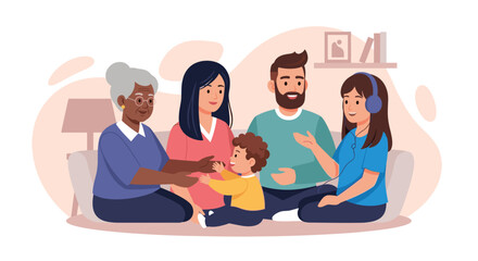 Happy multi-generational family spending quality time together at home, fostering connection and love. Ideal for themes of family life, bonding, and well-being.