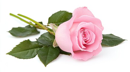Naklejka premium Watercolor pink rose with green leaves isolated on a clean white background