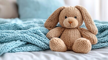 Fototapeta premium Knit bunny toy sits on teal blanket atop a bed, with soft window light