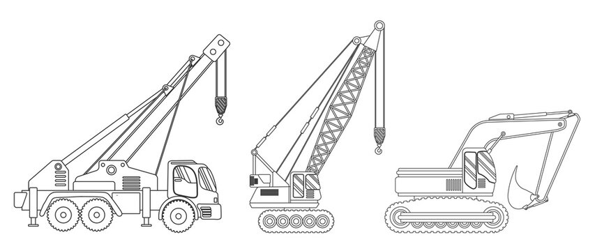 Coloring Page Outline Three Heavy Construction Excavators On A Job Site Under A Clear Blue Sky