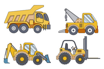 Collection Of Construction Vehicles Including Dump Truck Excavator Loader And Forklift On White Background. Heavy Vehicle Collection Set vector illustration