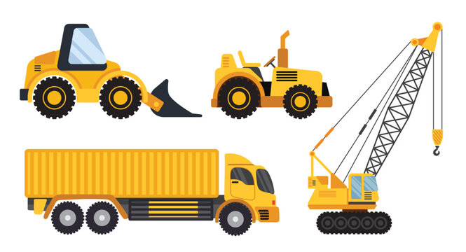 Collection Of Yellow Construction Vehicles Including Bulldozer Excavator Crane And Truck. Heavy Vehicle Collection Set vector illustration