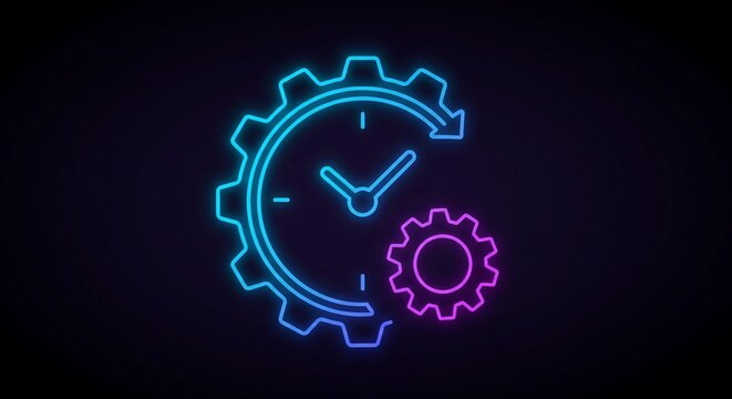 Dynamic neon clock and gear icon symbolizes efficient time management and operational excellence in modern business.