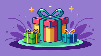 Three colorful gift boxes with ribbons and bows arranged on a platform with decorative elements