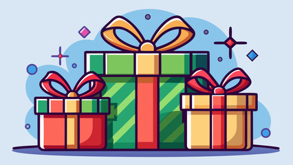 Festive pile of colorful wrapped gifts with bows and sparkling decorations on a light blue background