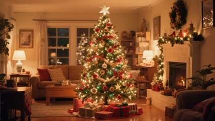 In a warm indoor space, a beautifully decorated Christmas tree is surrounded by gifts, full of Christmas atmosphere.
