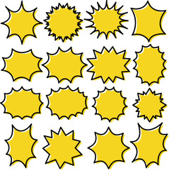 The jagged speech balloon set is a cartoon decoration with an explosion burst surprise emphasis in black and yellow. / ギザギザした吹き出しセット 漫画 装飾 爆発 破裂 驚き 強調 黒 黄色