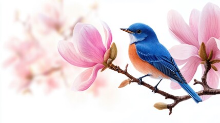 Watercolor scene of blue bird singing on blooming magnolia, pastel spring vibe