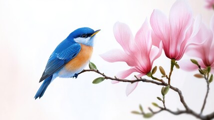 Watercolor scene of blue bird singing on blooming magnolia, pastel spring vibe
