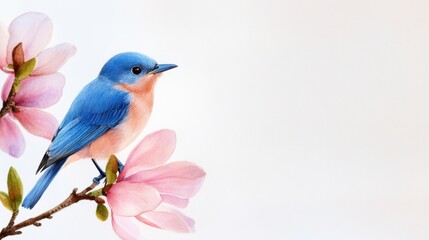 Fototapeta premium Watercolor scene of blue bird singing on blooming magnolia, pastel spring vibe