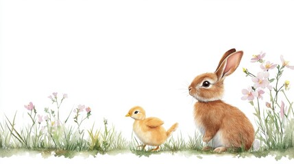 Watercolor scene with bunny and chick under spring blossoms, warm holiday spirit