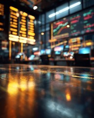 Financial office desk surface in sharp detail with blurred computer screens and stock charts in the background.