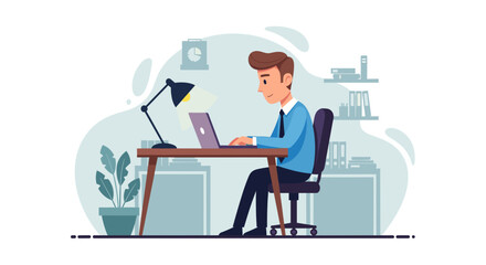 Young professional man focused on work at his laptop in a modern office setting, representing productivity, remote work, and online education.