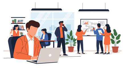 Diverse business professionals actively collaborate in a modern office, engaged in teamwork, analysis, and communication. Ideal for corporate, startup, or productivity concepts.