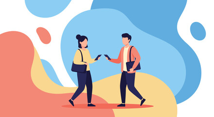 Flat illustration of a man and woman exchanging digital information via smartphones. Depicts modern communication, networking, or contactless transactions for business, education, and lifestyle.