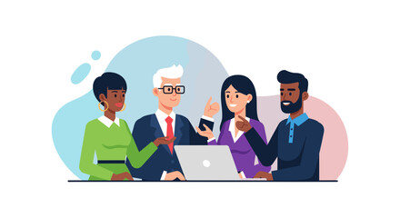 Diverse business professionals collaborate in a productive meeting, discussing ideas and strategy with a laptop. Represents teamwork, innovation, and modern business.