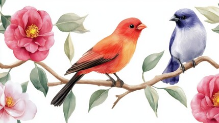 Fototapeta premium Watercolor seamless print with sweet birds and vibrant camellia flowers for spring decor
