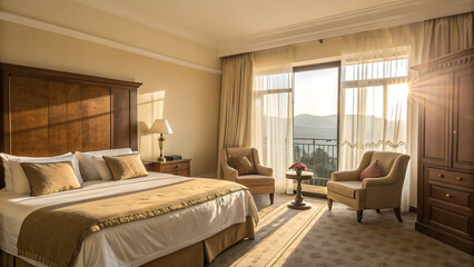Fototapeta premium Luxurious hotel bedroom with a large bed comfortable seating and a balcony bathed in warm morning sunlight