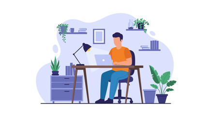 Young man working on a laptop at a modern desk in a comfortable home office. Perfect for remote work, online learning, or creative business concepts.