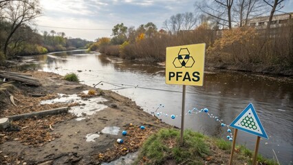 Contaminated river with warning signs for PFAS pollution. forever chemicals concept