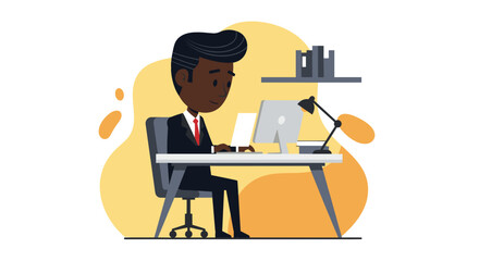 Smiling Black professional in a suit working at a modern office desk with a computer, symbolizing productivity, business, and remote work success.
