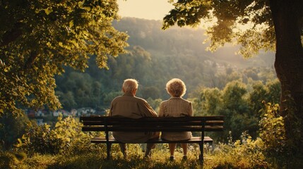 Elderly Couple Holding Hands On Park Bench, Sunset View