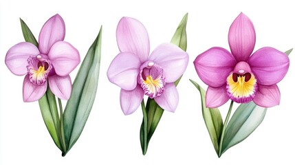 Watercolor set of blooming exotic orchids, pink and yellow petals with lush green leaves on white