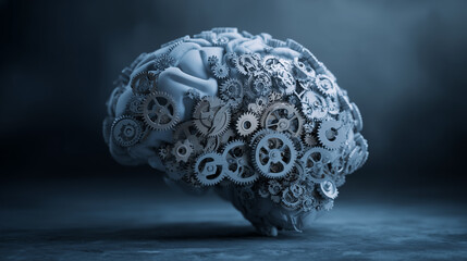 Futuristic brain made of mechanical gears and cogs symbolizing artificial intelligence, machine learning, and cognitive technology
