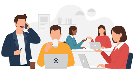 Diverse business team collaborating in a modern office, engaging in work, communication, and focused productivity. Ideal for business concepts.