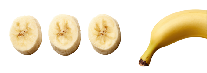 Three banana slices and a whole banana