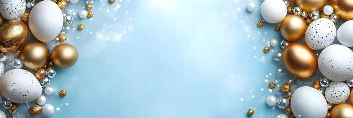 Colorful arrangement of gold and white eggs with sparkling decorations for a festive spring celebration